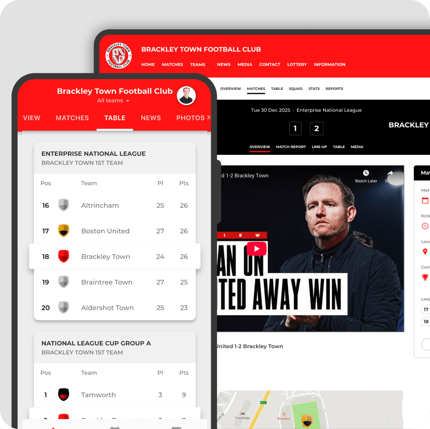 Pitchero competitions tools displayed across multiple devices including desktop, tablet and mobile
