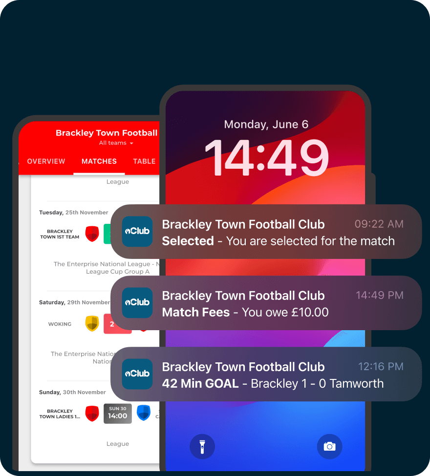 Pitchero Team Management tools displayed on multiple devices
