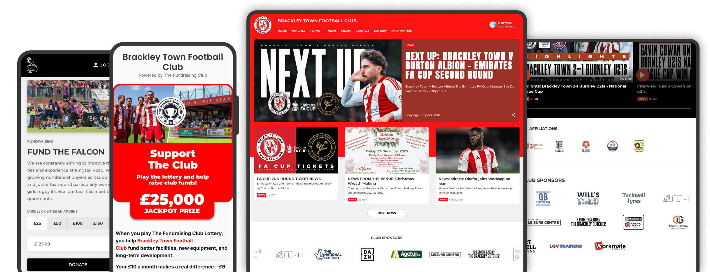 Pitchero fundraising tools displayed across multiple devices including desktop, tablet and mobile