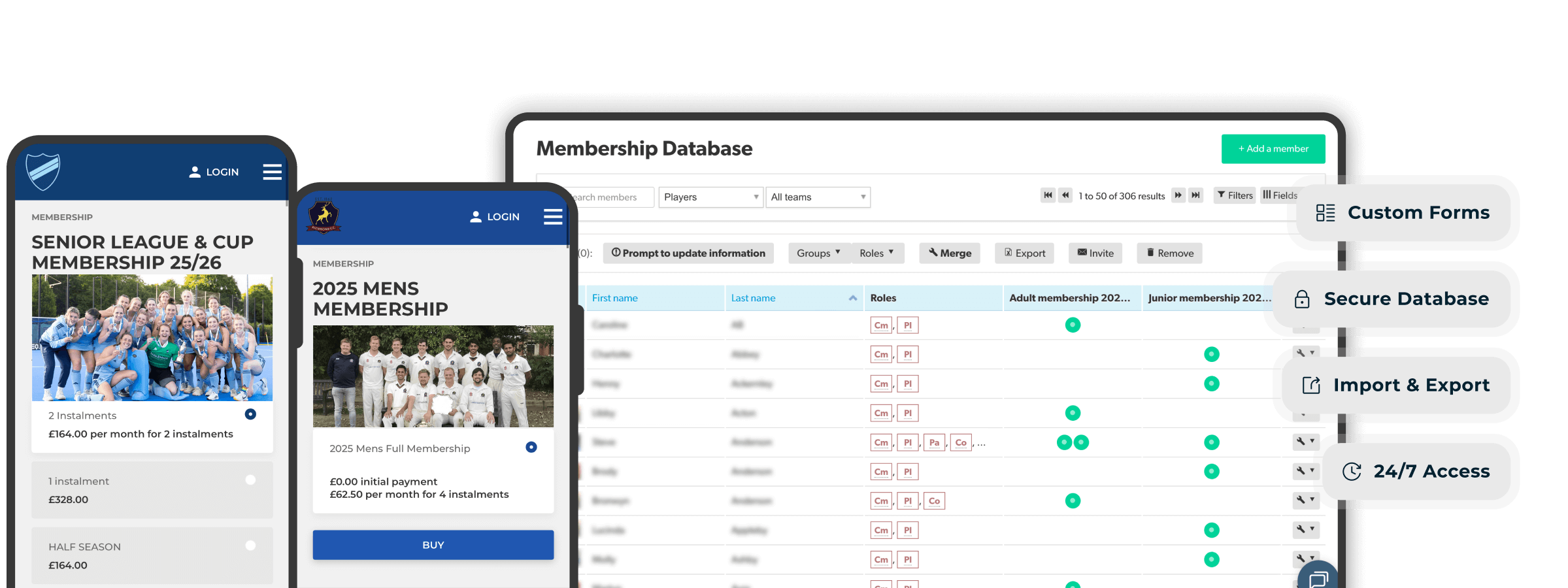 Pitchero membership tools displayed across multiple devices including desktop, tablet and mobile