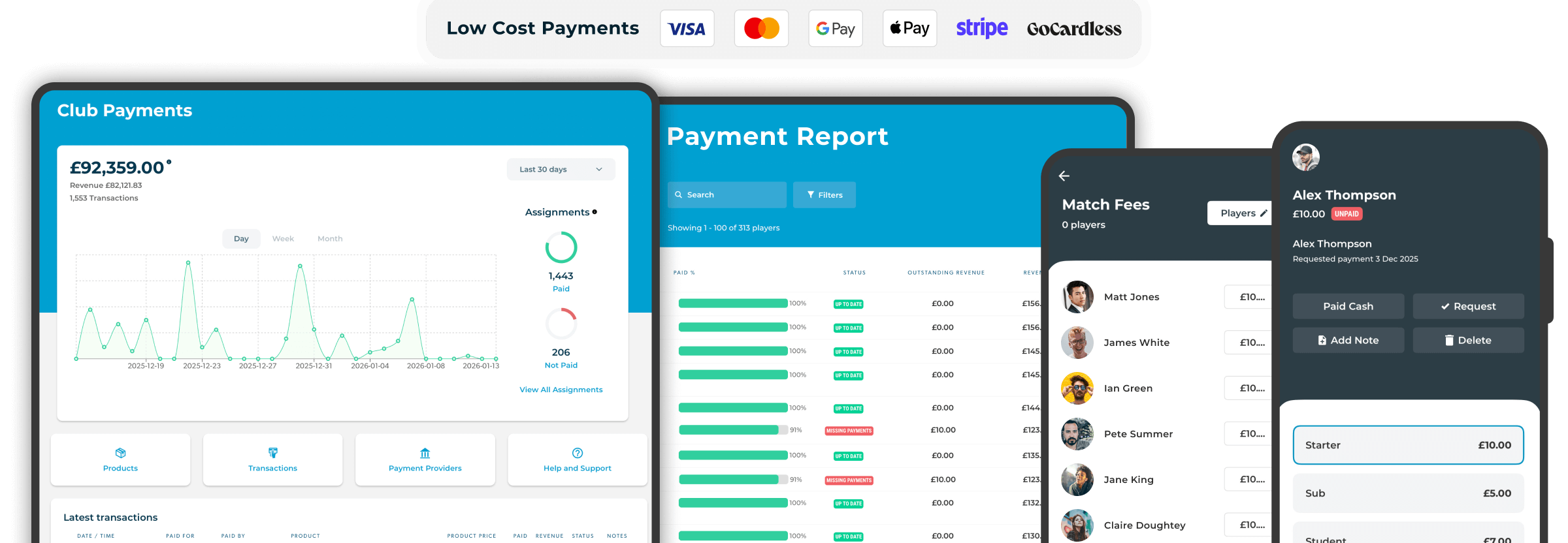 Pitchero payment tools displayed across multiple devices including desktop, tablet and mobile