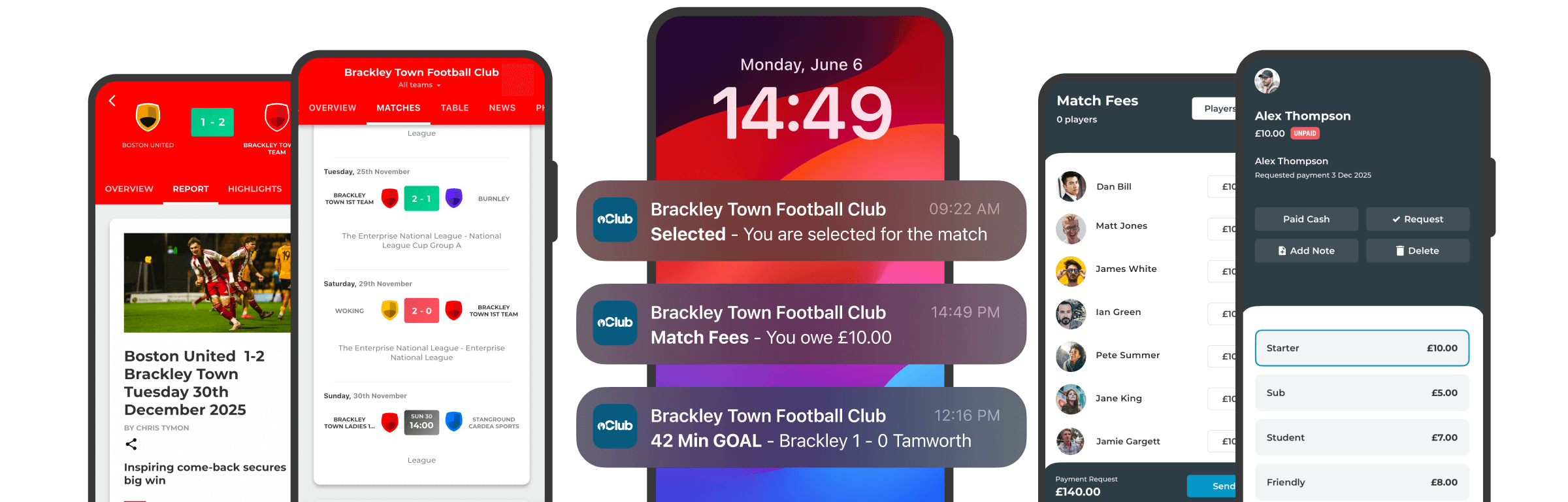 Pitchero team management tools displayed across multiple devices including desktop, tablet and mobile