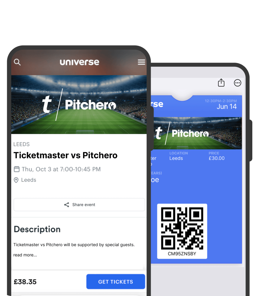 Pitchero ticketing tools displayed across multiple devices including desktop, tablet and mobile