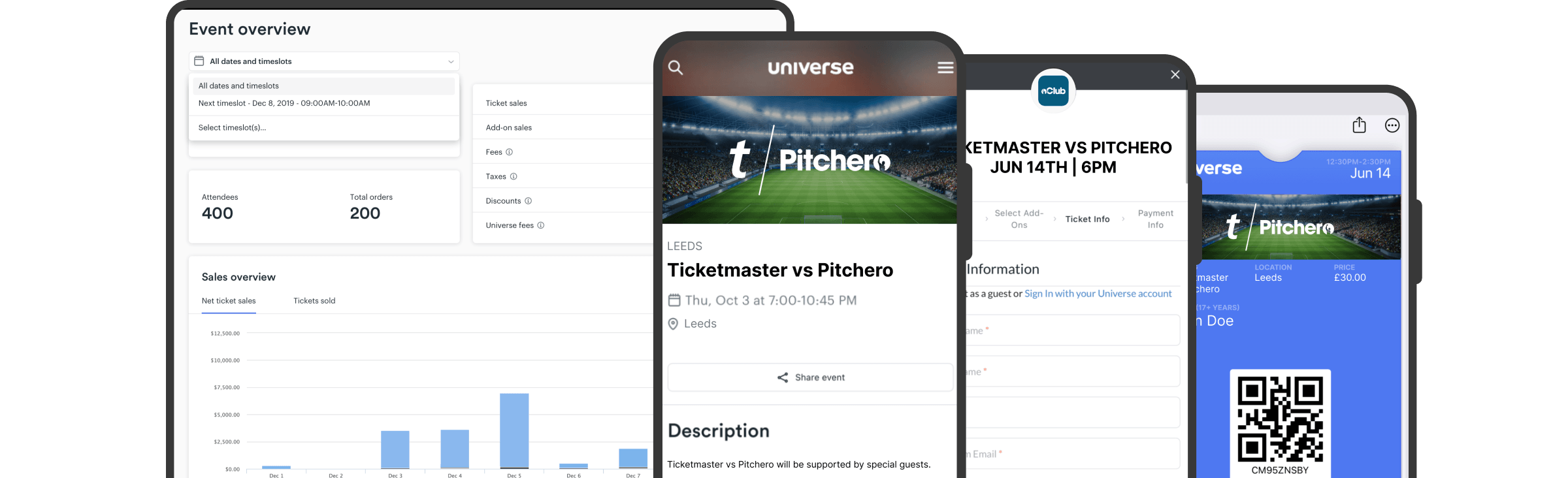 Pitchero ticketing tools displayed across multiple devices including desktop, tablet and mobile