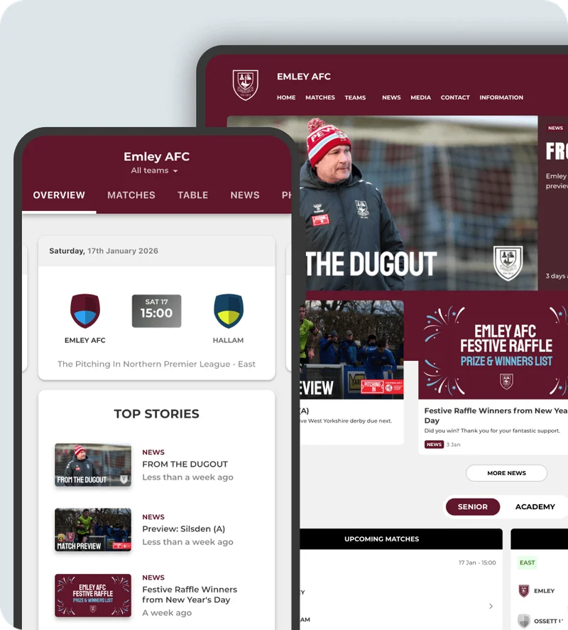 Pitchero platform displayed across multiple devices including desktop, tablet and mobile