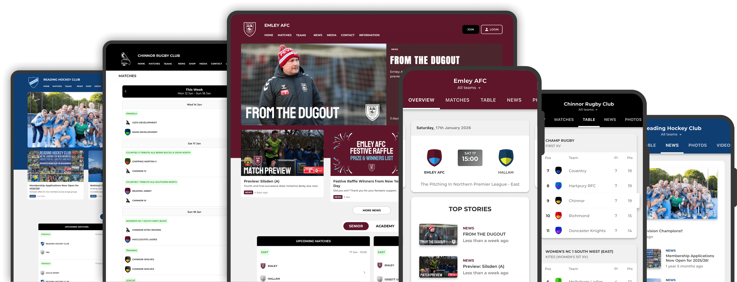 Pitchero platform displayed across multiple devices including desktop, tablet and mobile