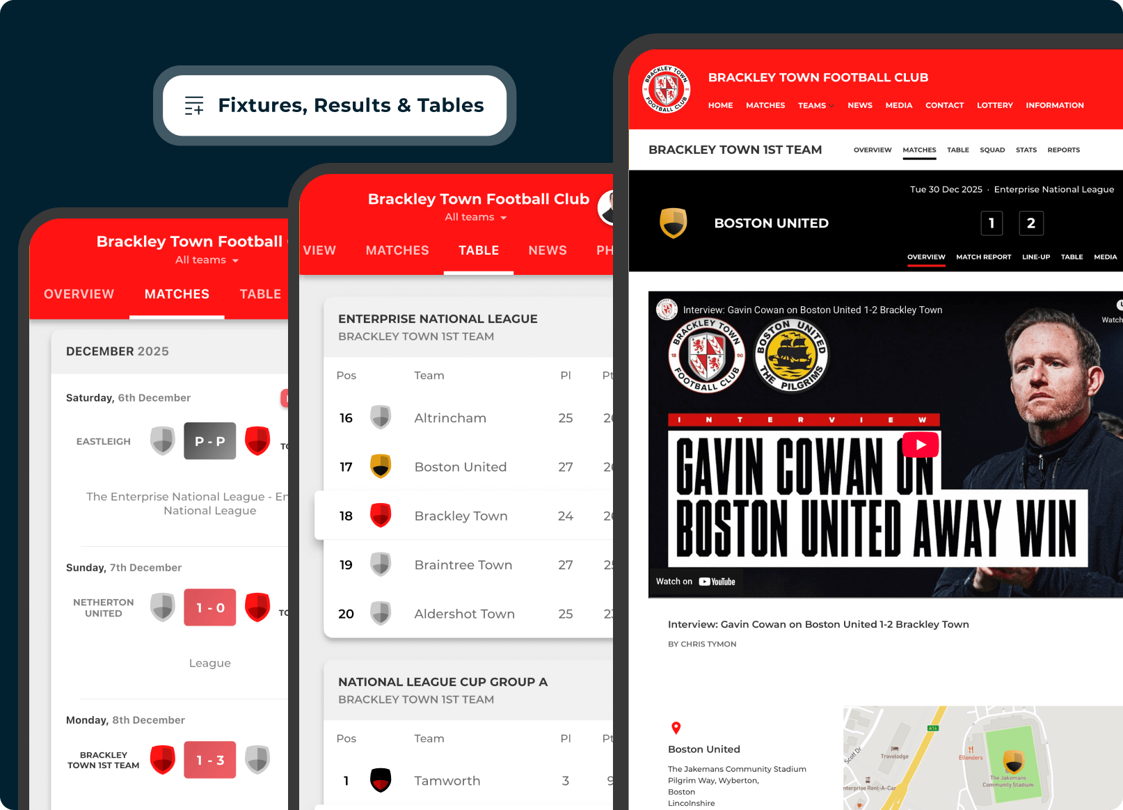 Competitions interface showing fixtures, results and league tables across multiple devices